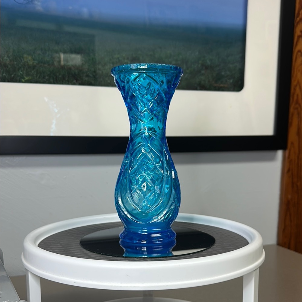 Vintage Blue Diamond Pattern Glass Vase Accent